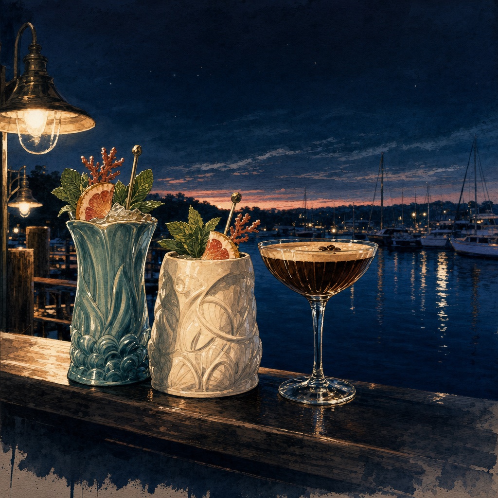 Illustrated tiki cocktails and espresso martini on a dock rail at dusk