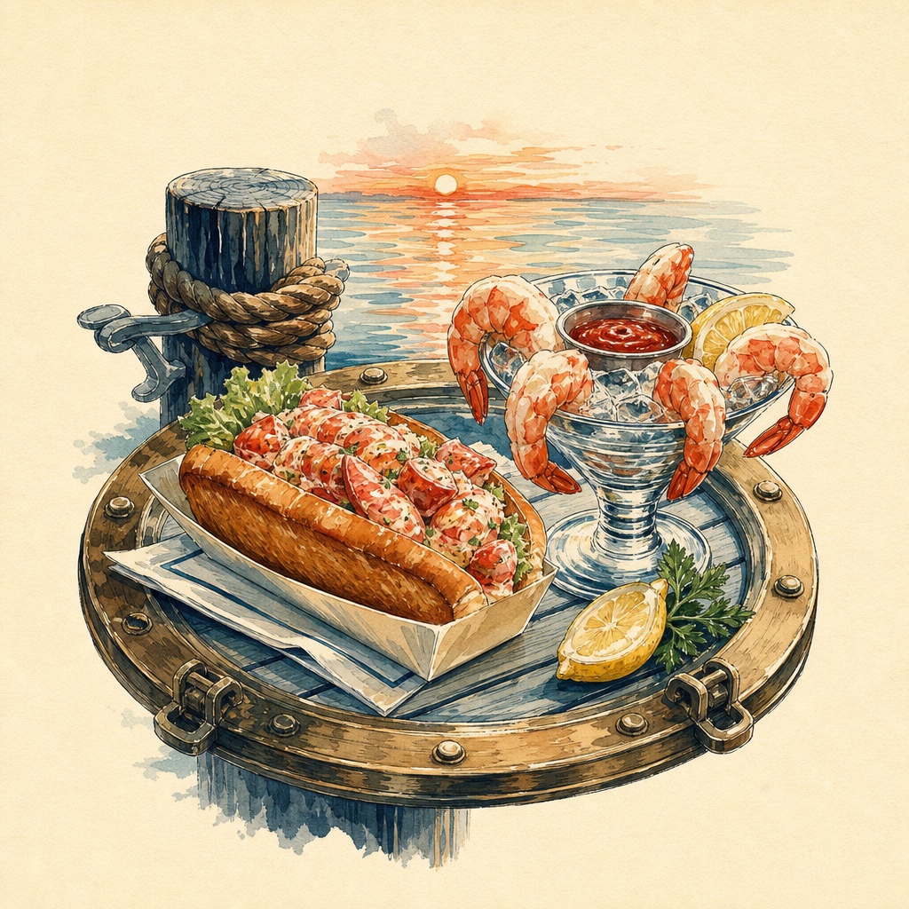 Illustrated lobster roll and shrimp cocktail on a marina dock table